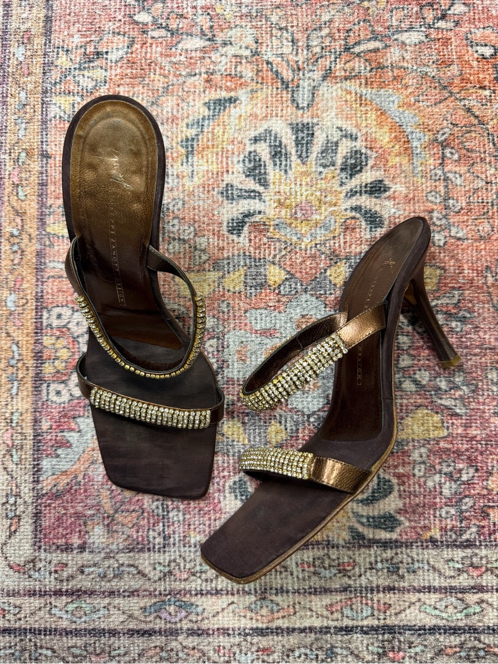 Y2K Brown/Gold Giuseppe Zanotti Crystal Embellished Square Toe Heeled Mules